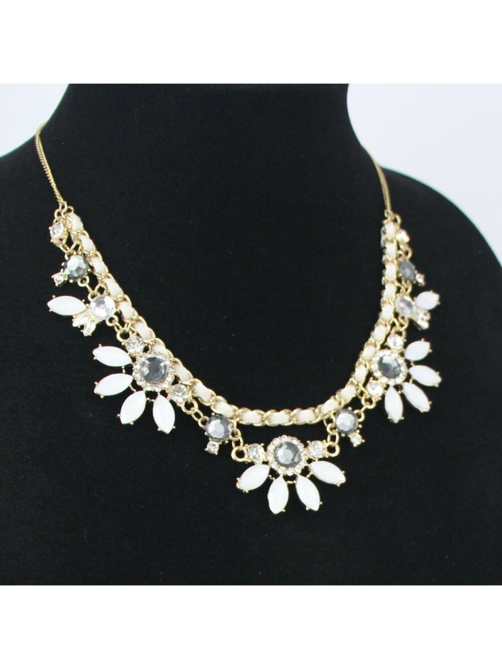 LC Lauren Conrad Necklace Gray & White Ribbon & Rhinestones